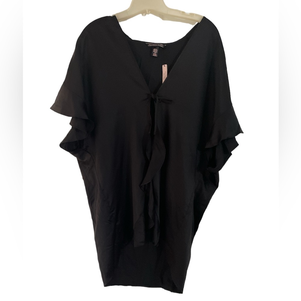 Victoria’s Secret black satin ruffle tie front short bath robe NWT one size
